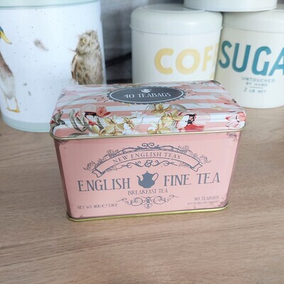New English Teas 40 Fine English Breakfast Teabags Victorian Style Pink Tin