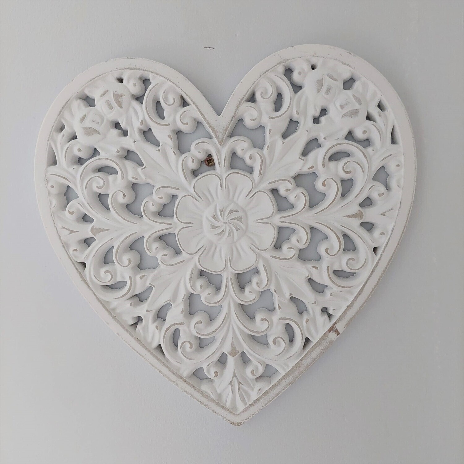 White Wooden Ornate Heart Chic n Shabby Floral Wall Panel