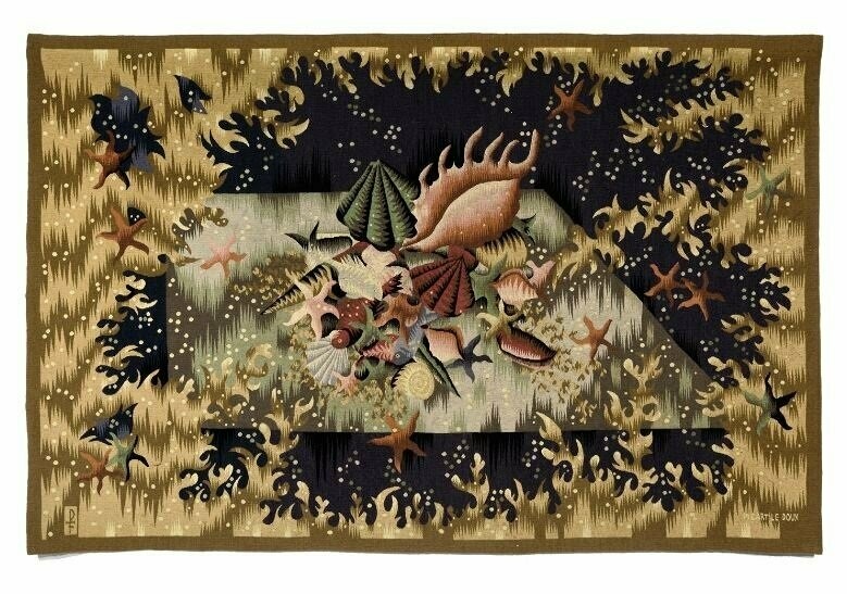 Tapisserie ​JEAN PICART LE DOUX-POISSON ET COQUILLAGE- 20e siècle  - Dim:1.85Lx1.19H