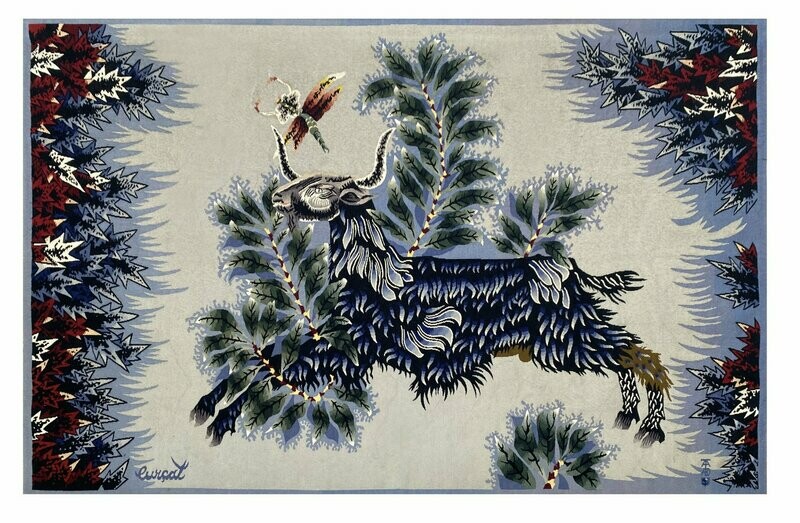 Tapisserie Aubusson de Jean Lurçat - "Le bouc bleu" - Epoque 20e - Dim:1.55Hx2.27L