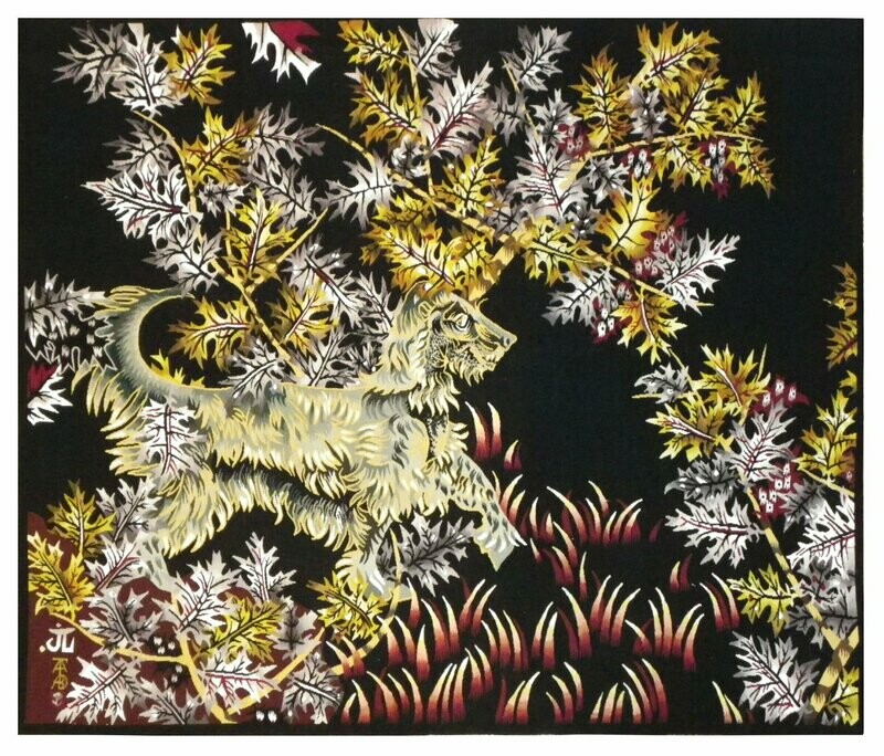 Tapisserie Aubusson de Jean Lurçat - "Le petit chien vert" - Epoque 20e - Dim:1.80Lx1.54H