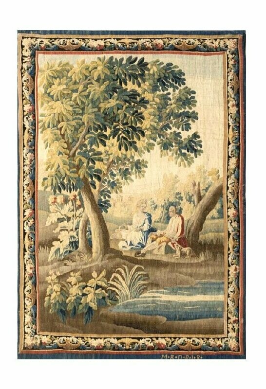 Tapisserie Aubusson "Scène galante dans un paysage" - MRDBI - époque 18e - Dim:1.65Lx2.35H