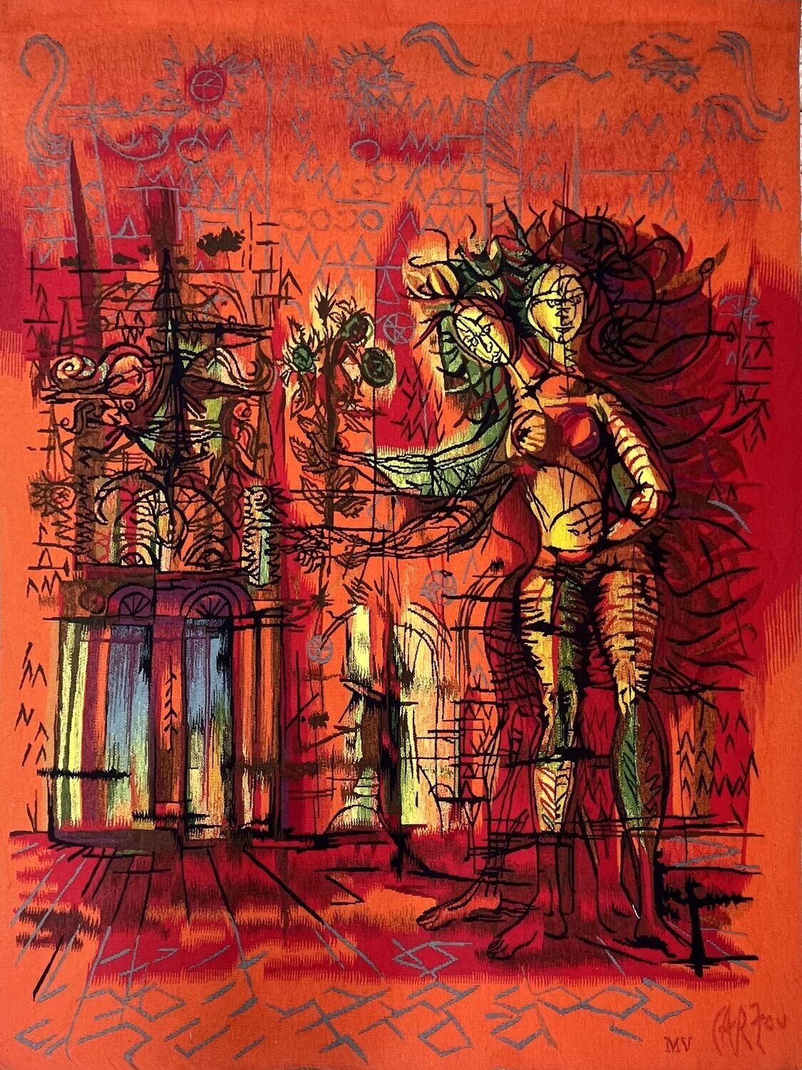 Tapisserie haute lice de  Bièvre - Jean Carzou - La Porte Baroque - Epoque 20e siècle - Dim L146x180H