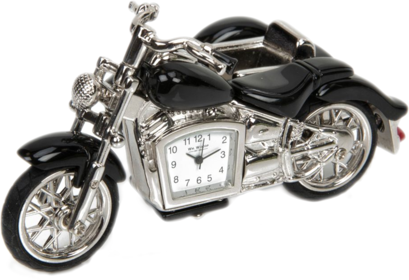Miniatur-Uhr Quartz Motorrad schwarz mit Seitenwagen