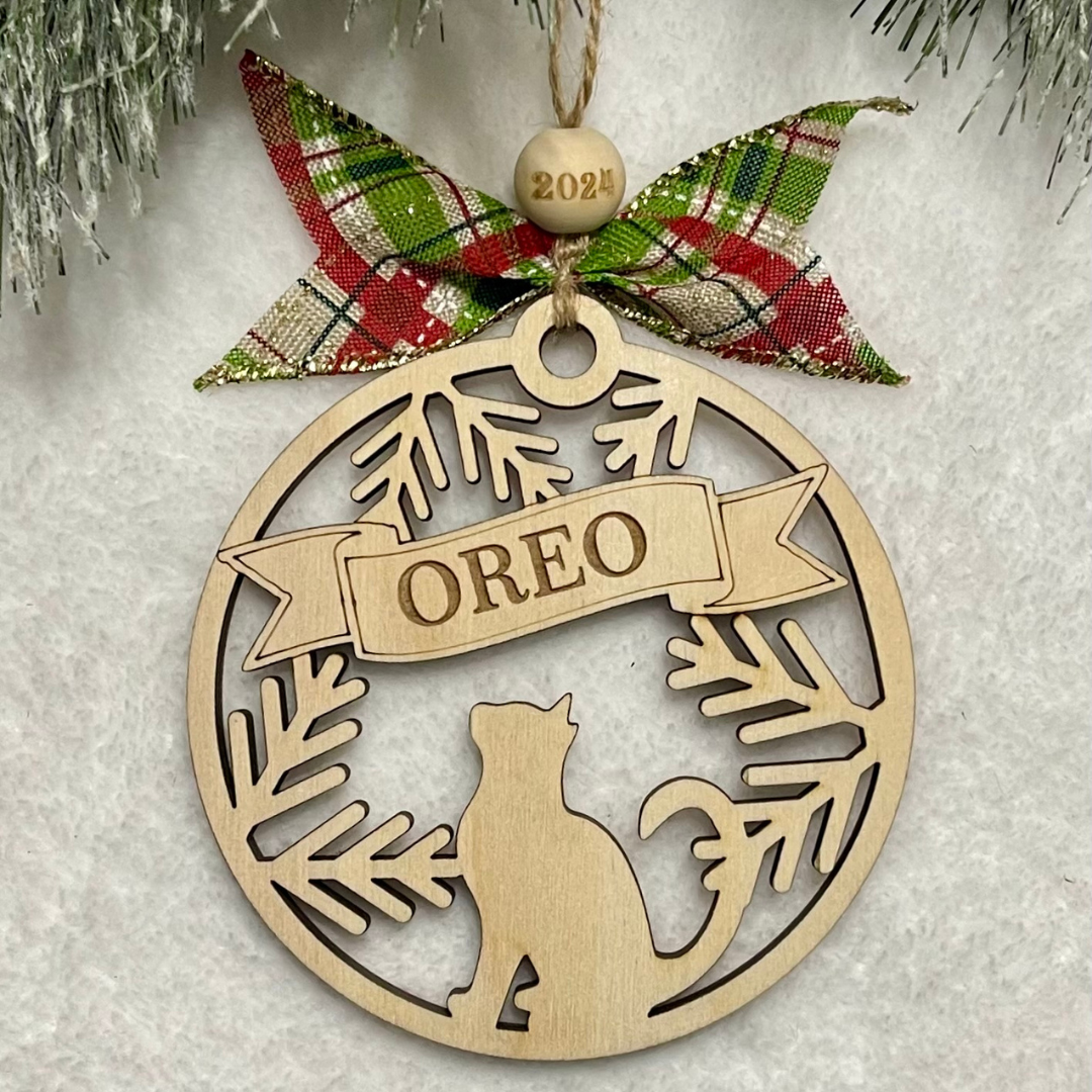 Personalized Wooden Cat Ornament with Pine Branch Design and 2024 Bead