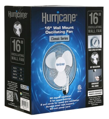Hurricane Classic Oscillating 1342 CFM Wall Mount Fan 3 Speeds 16 inch Hurricane Classic Oscillating 1342 CFM Wall Mount Fan 3 Speeds 16 inch