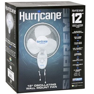 Hurricane Supreme Oscillating 1412 CFM Wall Mount Fan 3 speeds Hurricane Supreme Oscillating 1412 CFM Wall Mount Fan 3 speeds