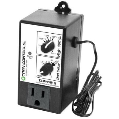 Titan Controls Zephyr 2 High Temperature Thermostat Shut Off with Delay & 6 foot probe for Grow Lights 15 amp 120 volt