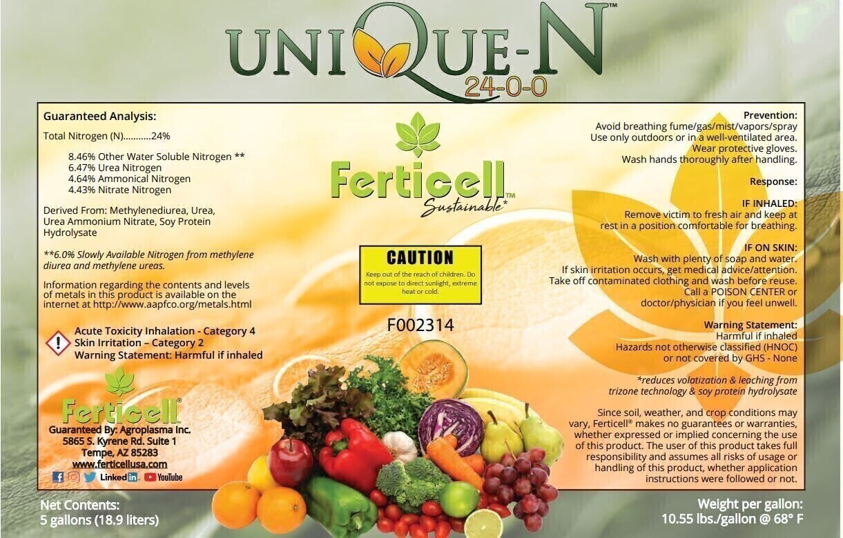 Ferticell Liquid Organic Unique-N 24-0-0 Nitrogen from Four Forms of Inorganics and Organics