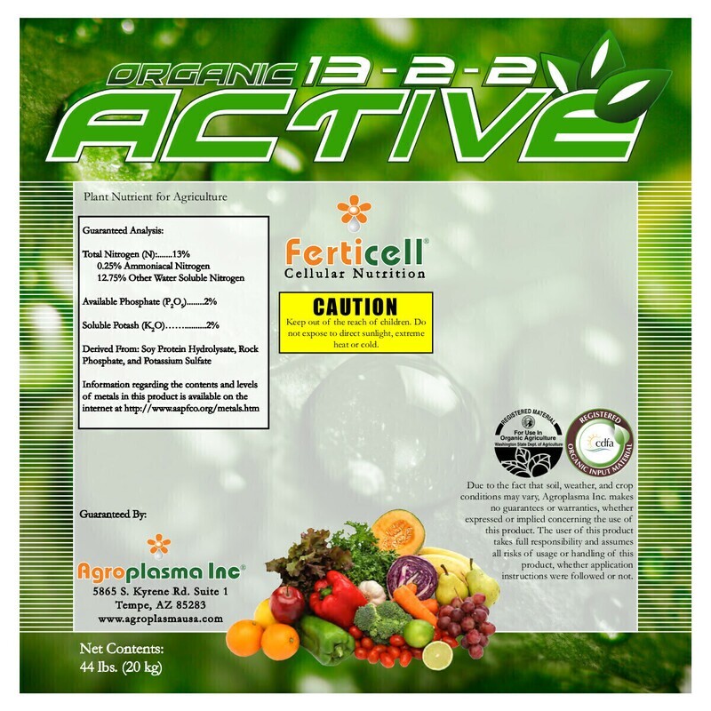 Ferticell Soluble Organic Fertilizer Active NPK Base Quick Release Nitrogen 13-2-2 with Soy Protein Hydrolysate, Rock Phosphate, and Potassium Sulfate 44 pound 20 kilogram 1/ each