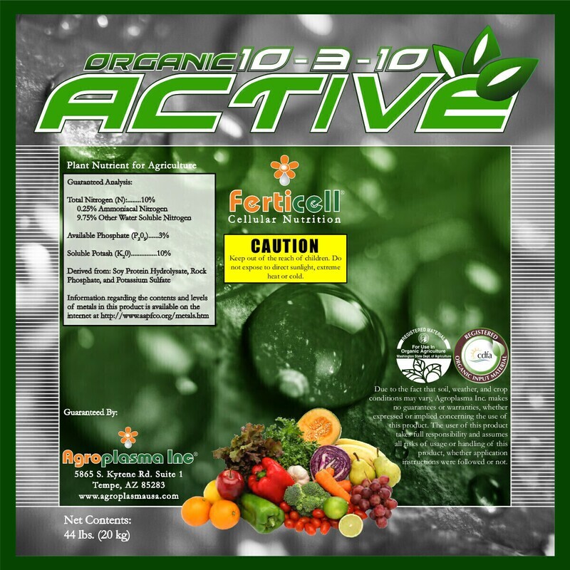 Ferticell Soluble Organic Fertilizer Active NPK Base Potassium and Nitrogen 10-3-10 with Soy Protein Hydrolysate, Rock Phosphate, and Potassium Sulfate 44 pound 20 kilogram 1/ each