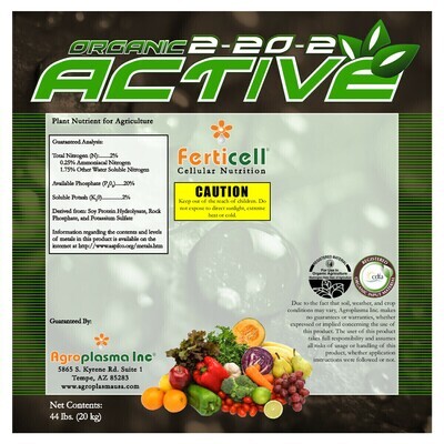 Ferticell Soluble Organic Fertilizer Active NPK Base Phosphorus 2-20-2 with Soy Protein Hydrolysate, Rock Phosphate, and Potassium Sulfate 44 pound 20 kilogram 1/ each Ferticell Soluble Organic Fertilizer Active NPK Base Phosphorus 2-20-2 with Soy Protein Hydrolysate, Rock Phosphate, and Potassium Sulfate 44 pound 20 kilogram 1/ each