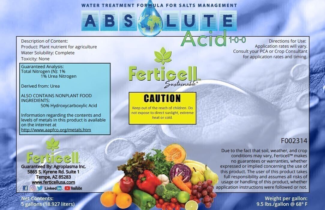 Ferticell Soluble Organic Fertilizer Absolute Acid 1-0-0 Hydroxycarboxylic Acid 50% Non-Corrosive/ Safe Weak Organic Acids Complex Great for Living Soils Enhancing Chelating and Water Penetration