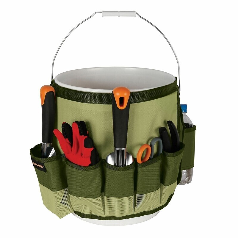 Fiskars Garden Caddy Bucket Sheath Utility Green Durable with Pockets 5 gallon