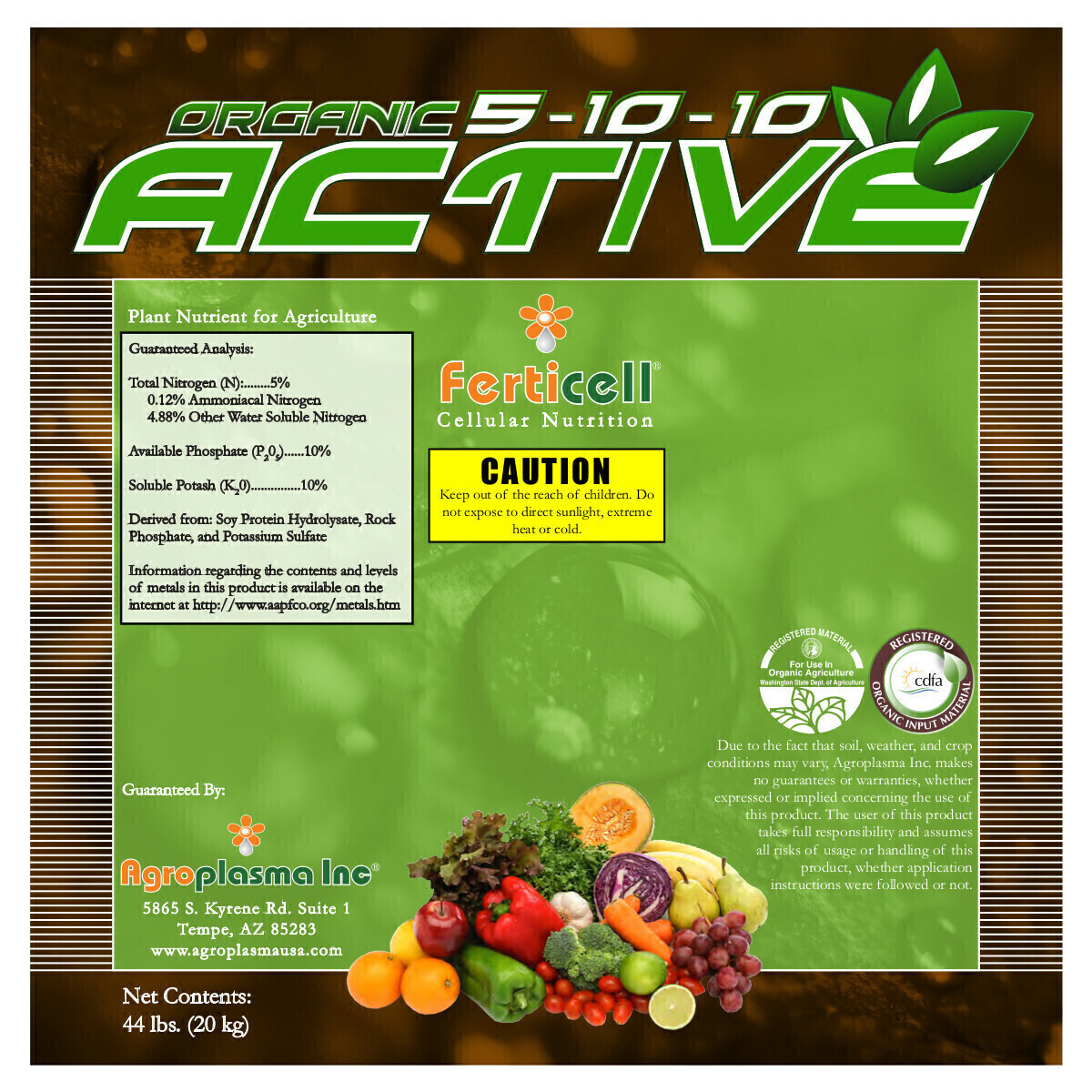 Ferticell Soluble Organic Fertilizer Active NPK Base Balanced 5-10-10 with Soy Protein Hydrolysate, Rock Phosphate, and Potassium Sulfate 44 pound 20 kilogram 1/ each