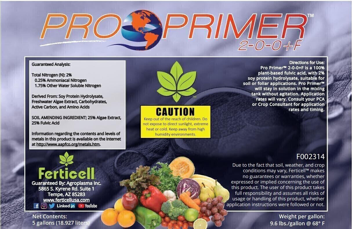 Ferticell Liquid Organic Fulvic Acid &amp; Carbohydrate Pro Primer 2-0-0+F with Soy Protein Hydrolysate, Freshwater Algae Extract, Carbohydrates, Active Carbon, and Amino Acids
