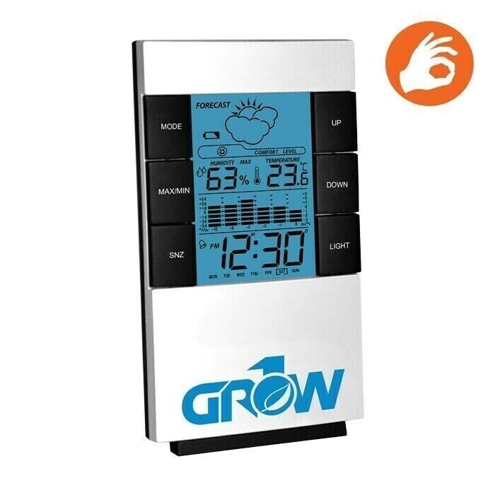 Grow1 Digital Hygrometer Weather Station no Probe with Bright LED Backlight, Forecast, Date/ Time, Temperature, Humidity, Thermometer 12 hour Trend, Alarm, Snooze