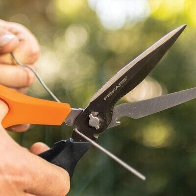 Fiskars Multipurpose Garden Pruning Shears includes Power Notch to Cut Rope, Awl Tip to Pierce, Bottle Opener, Titanium Knife with Sheath/ Tape Cutter/ Ceramic Scissors Sharpener Stainless Steel