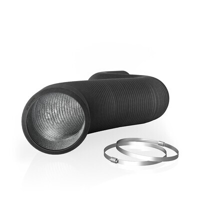 AC Infinity Ducting Flexible Four-Layer Black Aluminum/ Thermoplastic with 2 Hose Clamps