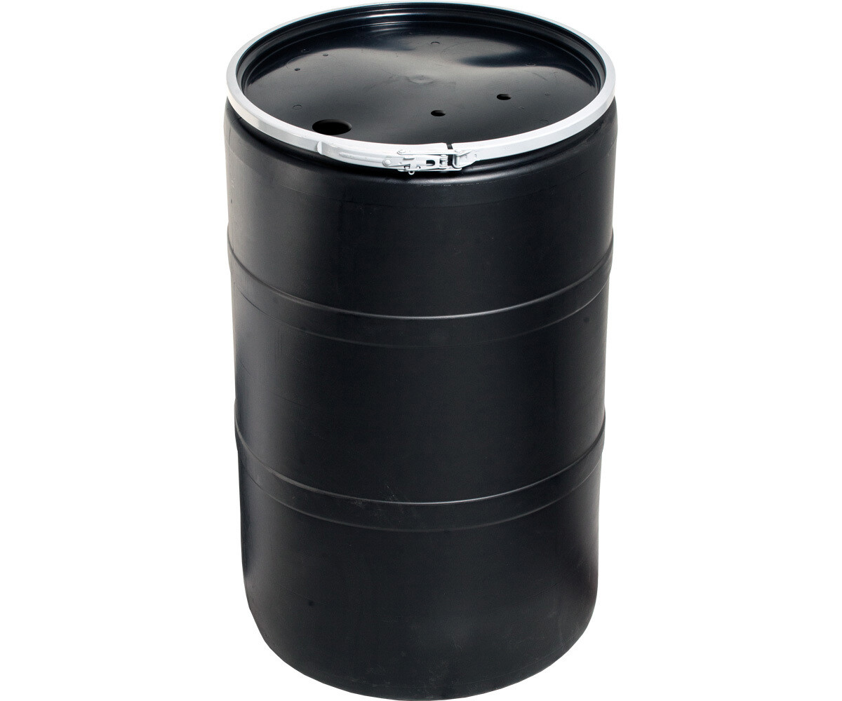 Active Aqua Reservoir Round Vertical Drum Barrel with Predrilled Locking Top Cover Black Food Grade 55 gallon 22x22x35.5 inch 1/ each