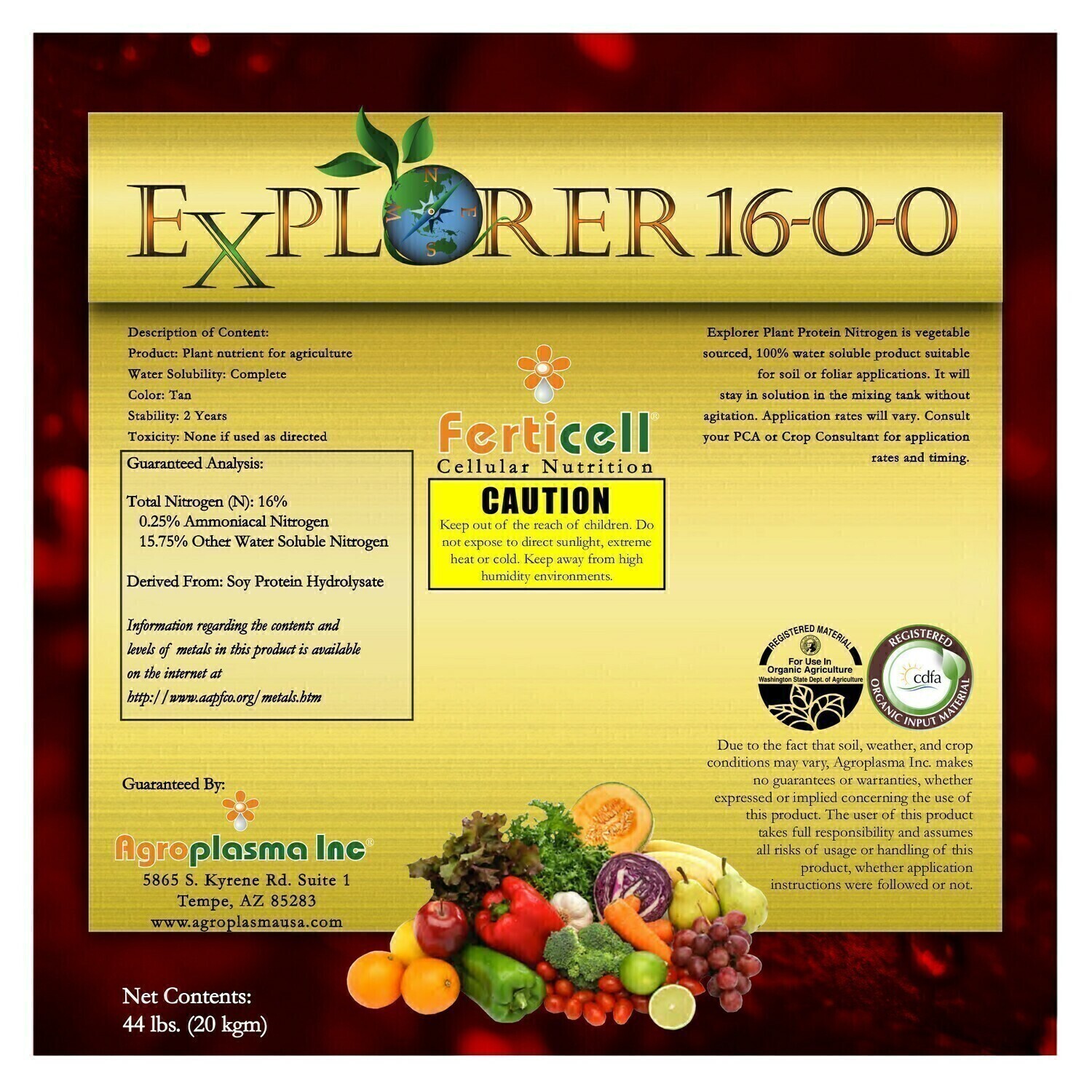 Ferticell Soluble Organic Fertilizer Explorer Dry 16-0-0 with Soy Protein Hydrolysate, size: 8 pound 3.6 kilogram 1/ each