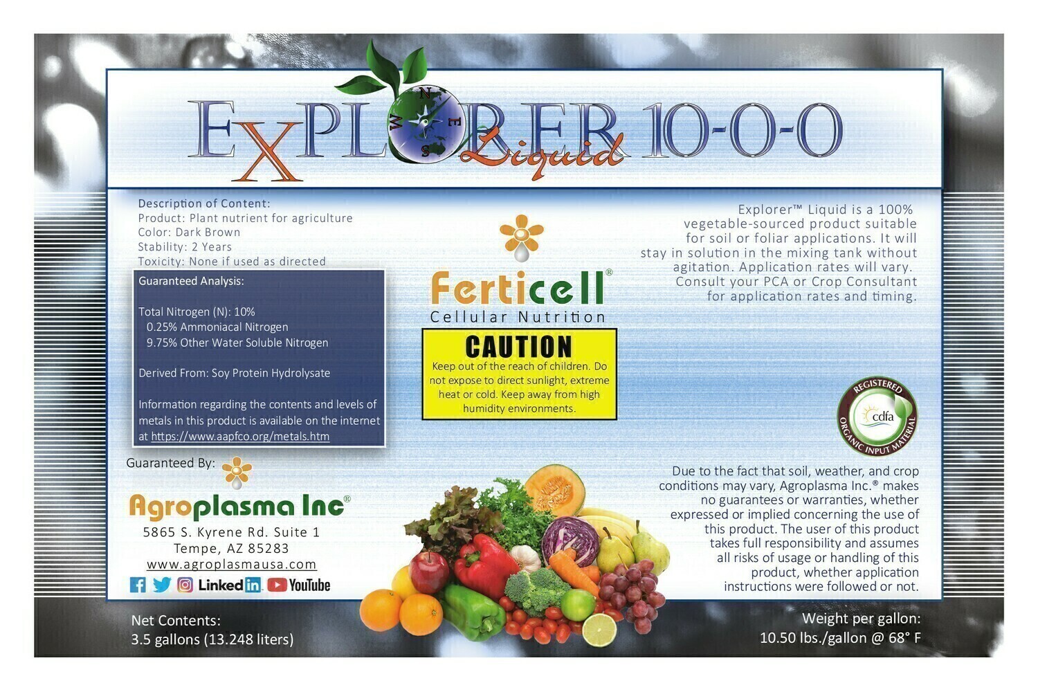 Ferticell Soluble Organic Fertilizer Explorer Liquid 10-0-0 with Soy Protein Hydrolysate, size: 3.5 gallon 14 liter 1/ each