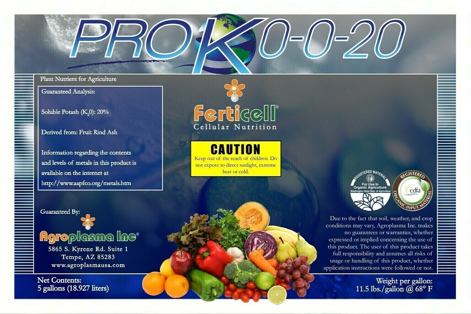 Ferticell Soluble Organic Fertilizer Pro K Potassium 0-0-20 Potash with Fruit Rind Ash Ferticell Soluble Organic Fertilizer Pro K Potassium 0-0-20 Potash with Fruit Rind Ash, size: 2.5 gallon 10 liter 1/ each