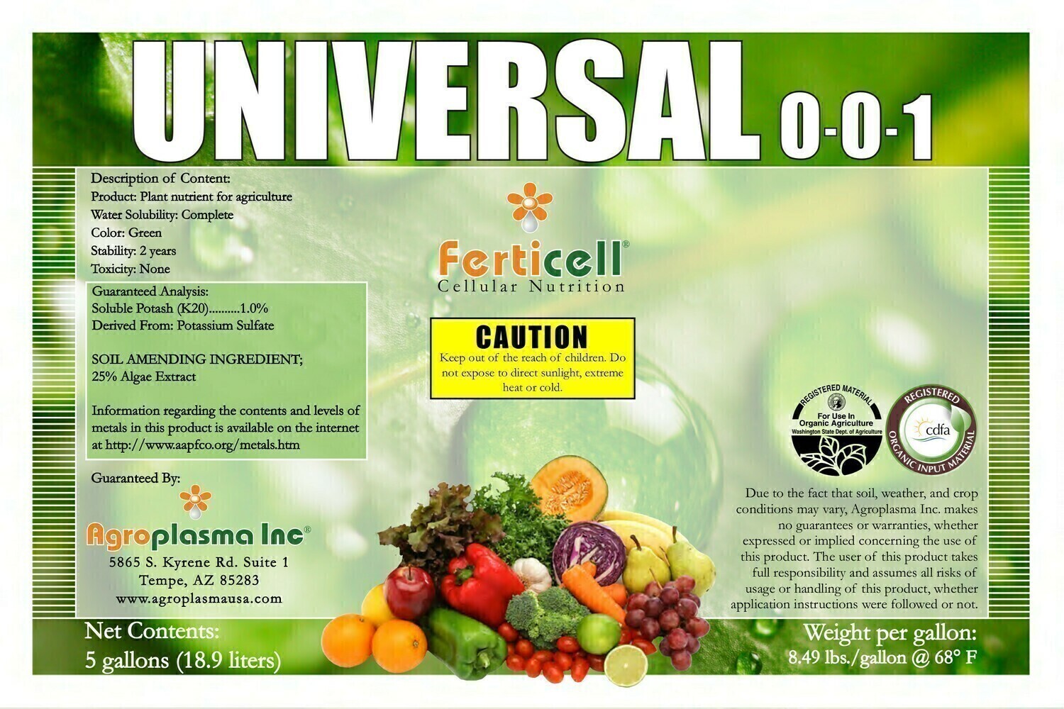 Ferticell Soluble Organic Fertilizer Universal 0-0-1 Potash with Algae Extract with Potassium Sulfate, Fresh Water Algae, size: 2.5 gallon 10 liter 1/ each