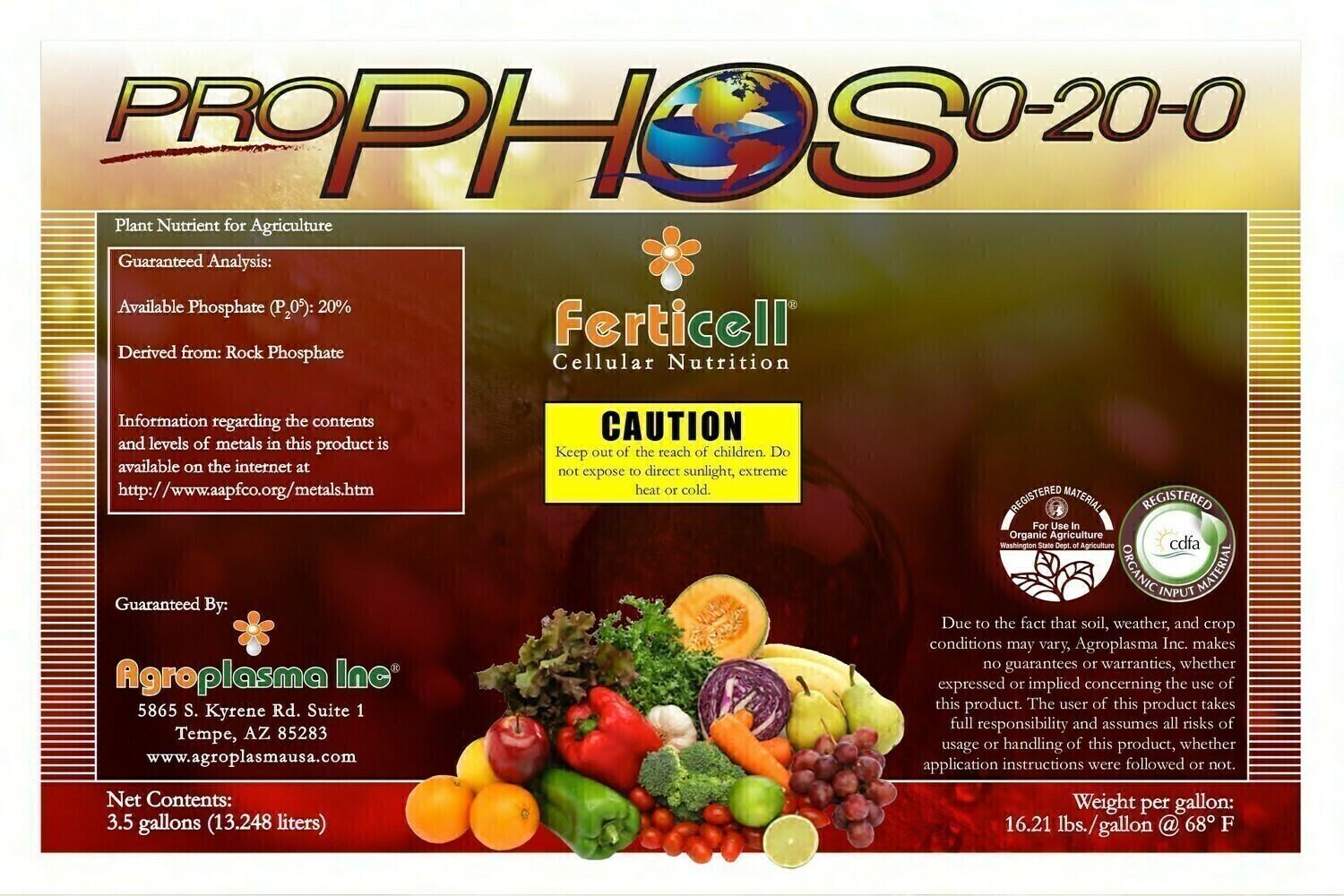 Ferticell Soluble Organic Fertilizer Pro Phos Phosphorus 0-20-0 Algae Extract 10% with Rock Phosphate, Fresh Water Algae, size: 3.5 gallon 14 liter 1/ each