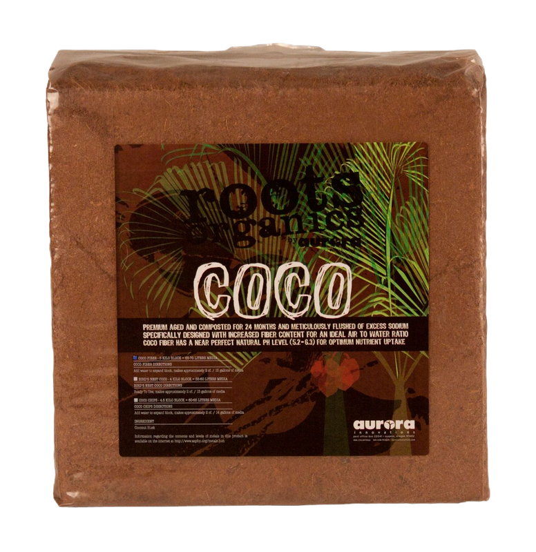 Aurora Innovations Roots Organics Coco Coir Coconut Fiber Expandable Brick 2 cubic foot 57 liter 5 kilogram 15 dry gallon 1/ each