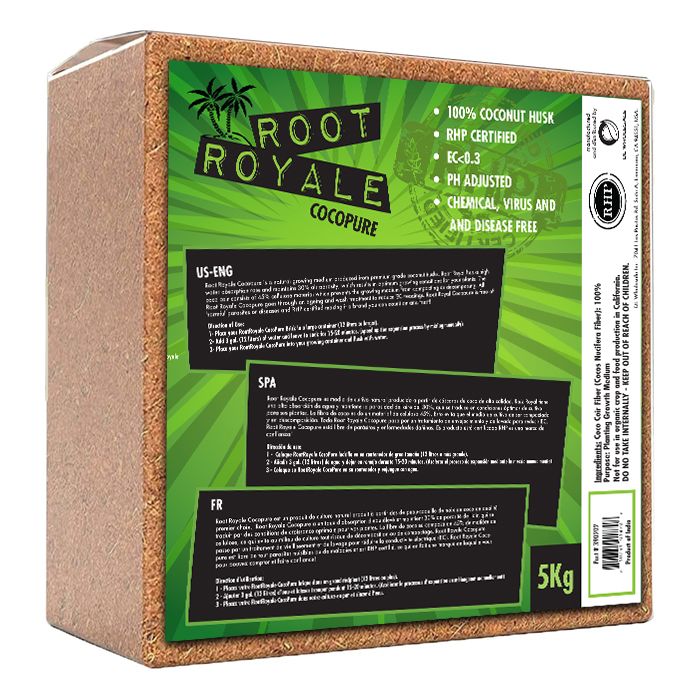 Root Royale Coco Coir Coconut Fiber Expandable Brick EC<0.3 RHP Certified 2 cubic foot 57 liter 11 pound 5 kilogram 1/ each