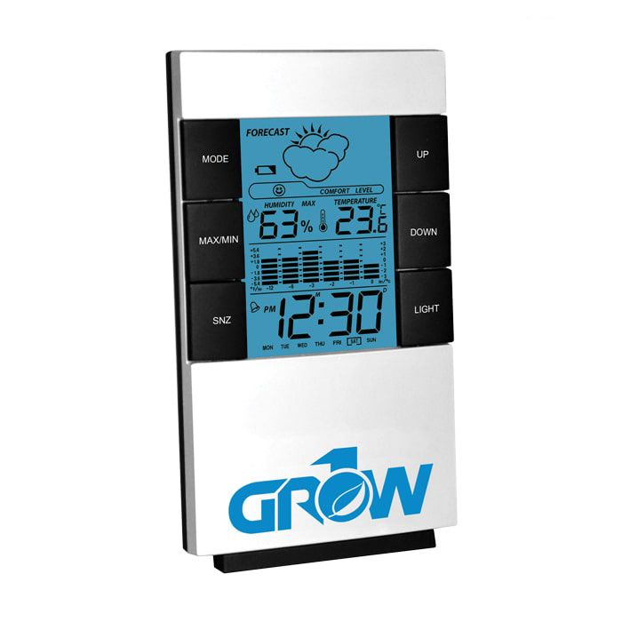 Grow1 Digital Hygrometer Weather Station no Probe with Bright LED Backlight, Forecast, Date/ Time, Temperature, Humidity, Thermometer 12 hour Trend, Alarm, Snooze