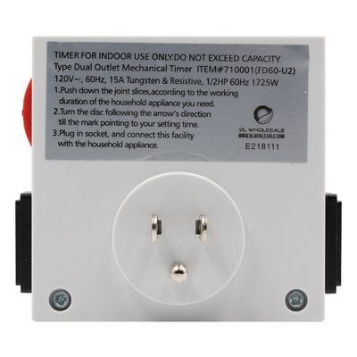 Grow1 Timer Analog Mechanical Dual Outlet 15 minute minimum up to 48 cycles/ day 120 volt 15 amp