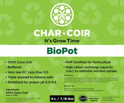 Char Coir Coco Coir Grow Pot prefilled with Expandable Brick 0.11 cubic foot 3 liter 0.6 gallon 6x6x5 inch BioPot 24 blocks/ case