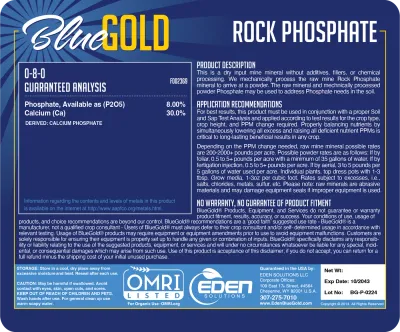 BlueGold Organic Rock Phosphate Fertilizer Micronized 0-8-0 Phosphorus 35% total &amp; 17% available CaO 34% 46 pound 21 kilogram 1/ each