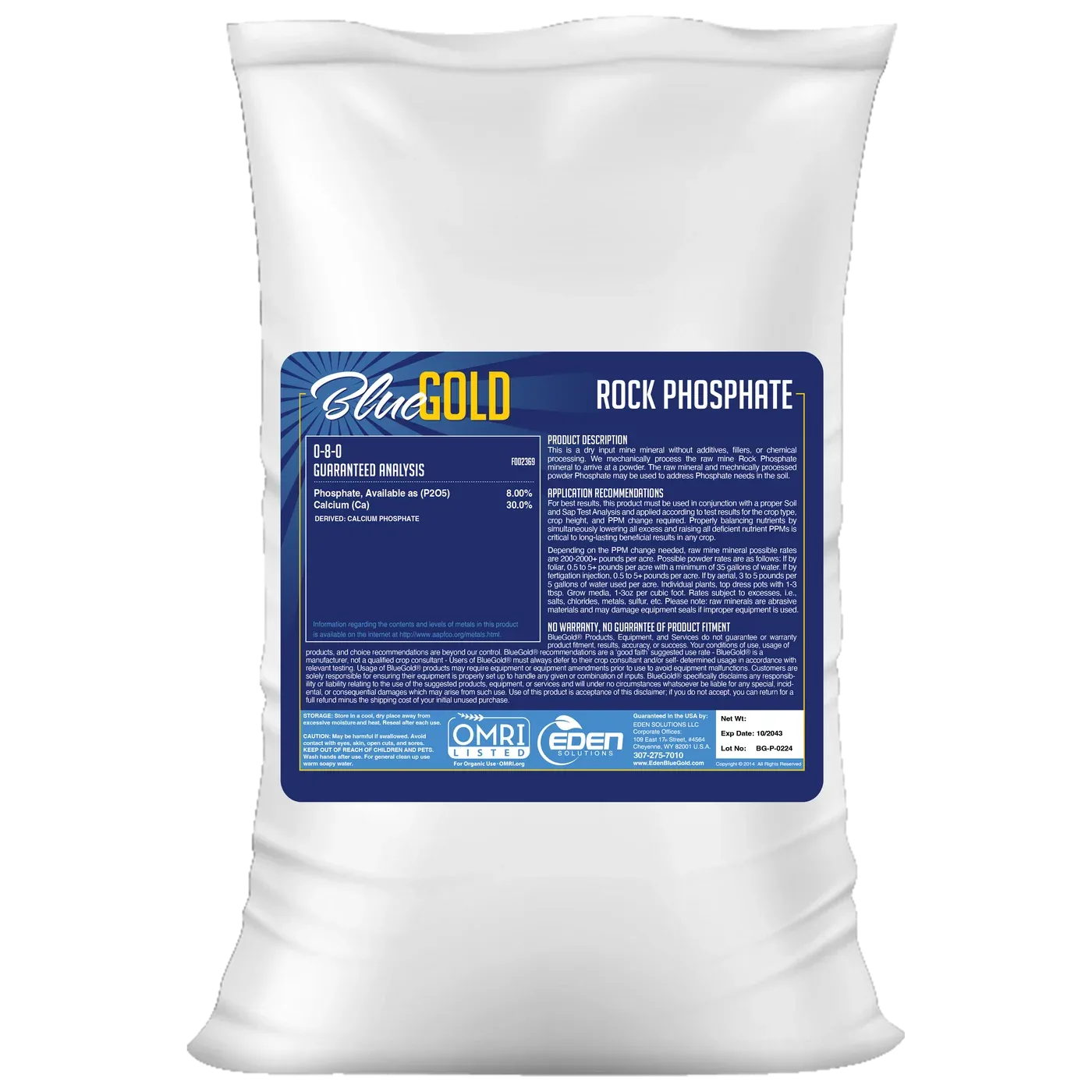 BlueGold Organic Rock Phosphate Fertilizer Micronized 0-8-0 Phosphorus 35% total &amp; 17% available CaO 34% 46 pound 21 kilogram 1/ each