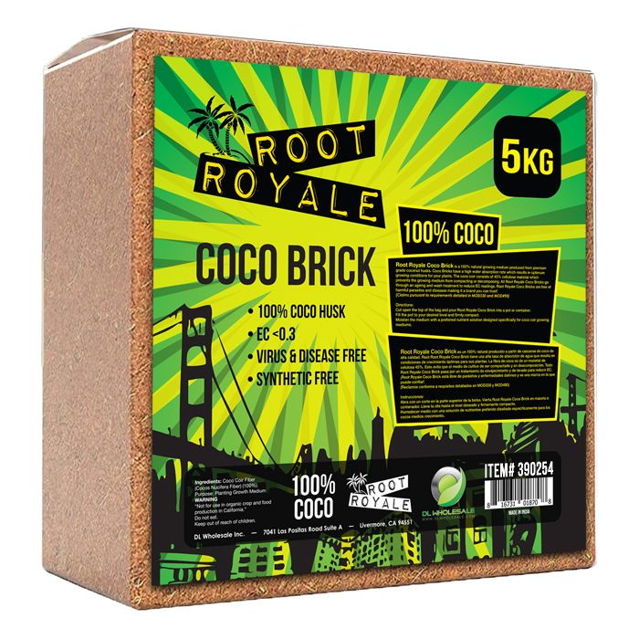 Root Royale Coco Coir Coconut Fiber Expandable Brick EC<0.3 Standard 2 cubic foot 57 liter 11 pound 5 kilogram 1/ each