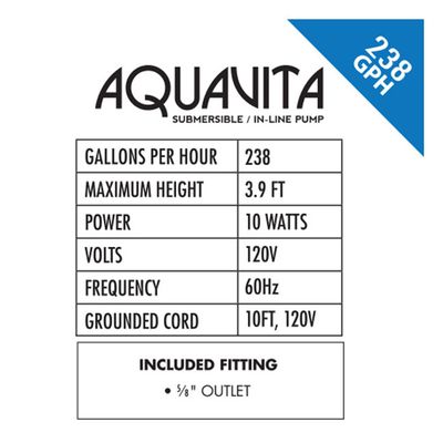 AquaVita Water Pump Submersible Only with 10 foot cord, 5/8 inch outlet 238 GPH 10 watt