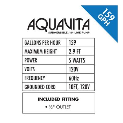 AquaVita Water Pump Submersible Only with 10 foot cord, 1/2 inch outlet 159 GPH 5 watt