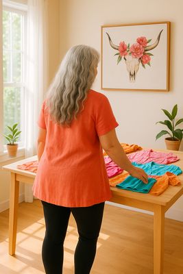 Eine Frau mit langem, grauen Haar steht am Tisch und sortiert Secondhand-Kleidung. An der Wand das Bild eines Longhorn-Rindes
