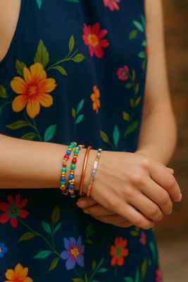 Man sieht den Bauchbereich einer Frau, sie hält die Arme vor den Körper und zeigt bunte Armbänder an ihrem rechten Handgelenk