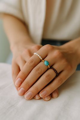 Zwei schöne, gepflegte Frauenhände mit manikürten Nägeln. An der linken Hand befinden sich drei Ringe aus Perlen gearbeitet.