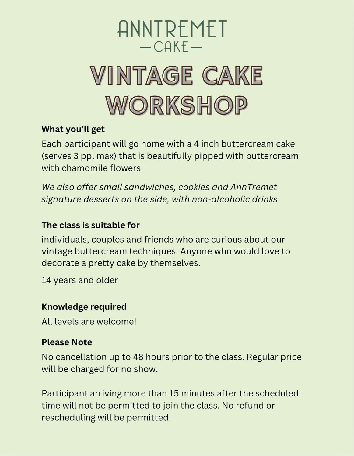 Vintage Cake Workshop August 30th 2026 3pm-5pm