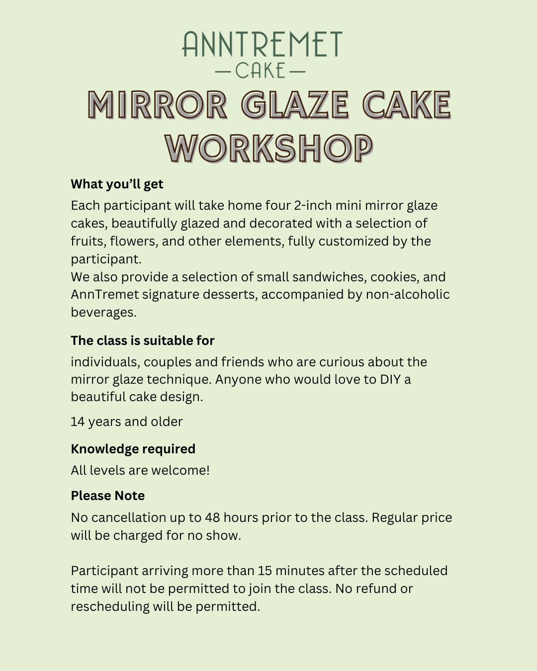 Mini Mirror Glaze Cake Workshop April 5th 2026 (12pm-2pm)
