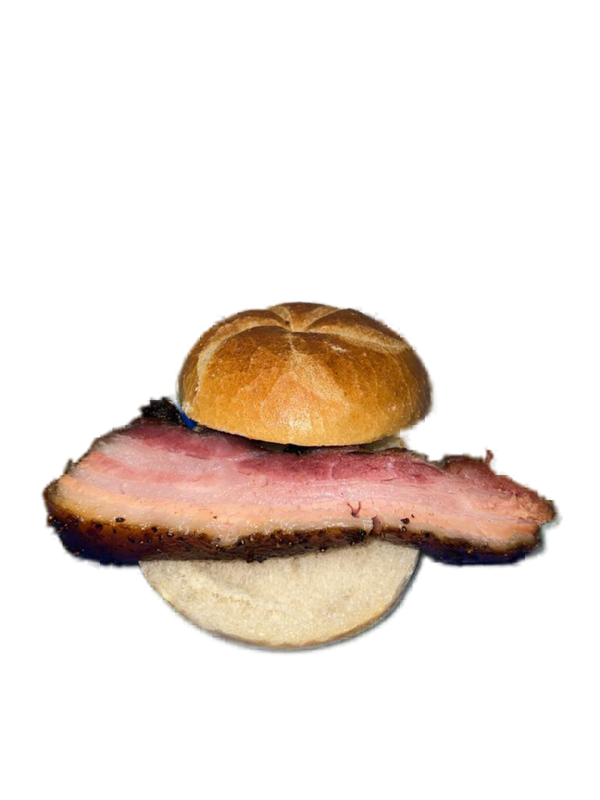 Gewürzbauch (100 g Scheibe) im Brötchen Gewürzbauch (100 g Scheibe) im Brötchen