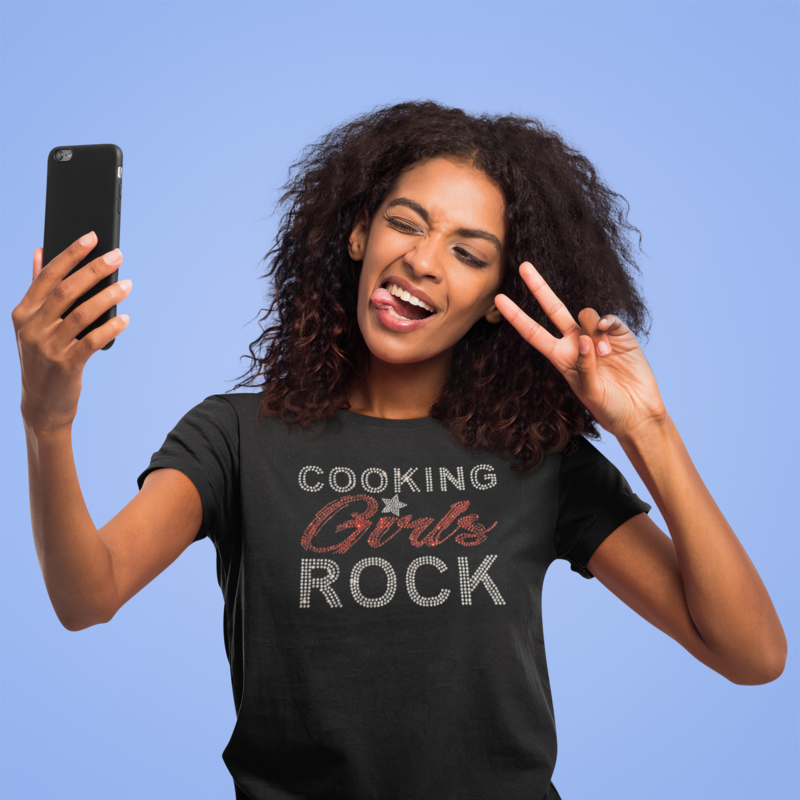 Cooking Girls Rock - Rhinestone Fitted Women Tees - Size Small