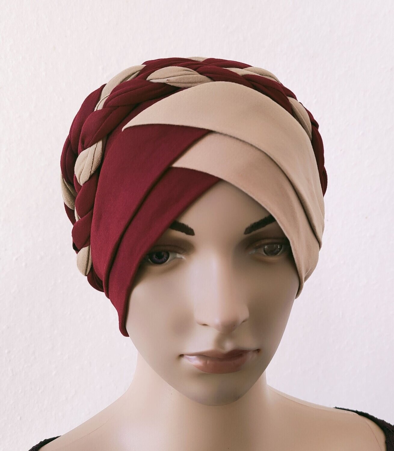 Turban mit Flechtband - Rot/Beige