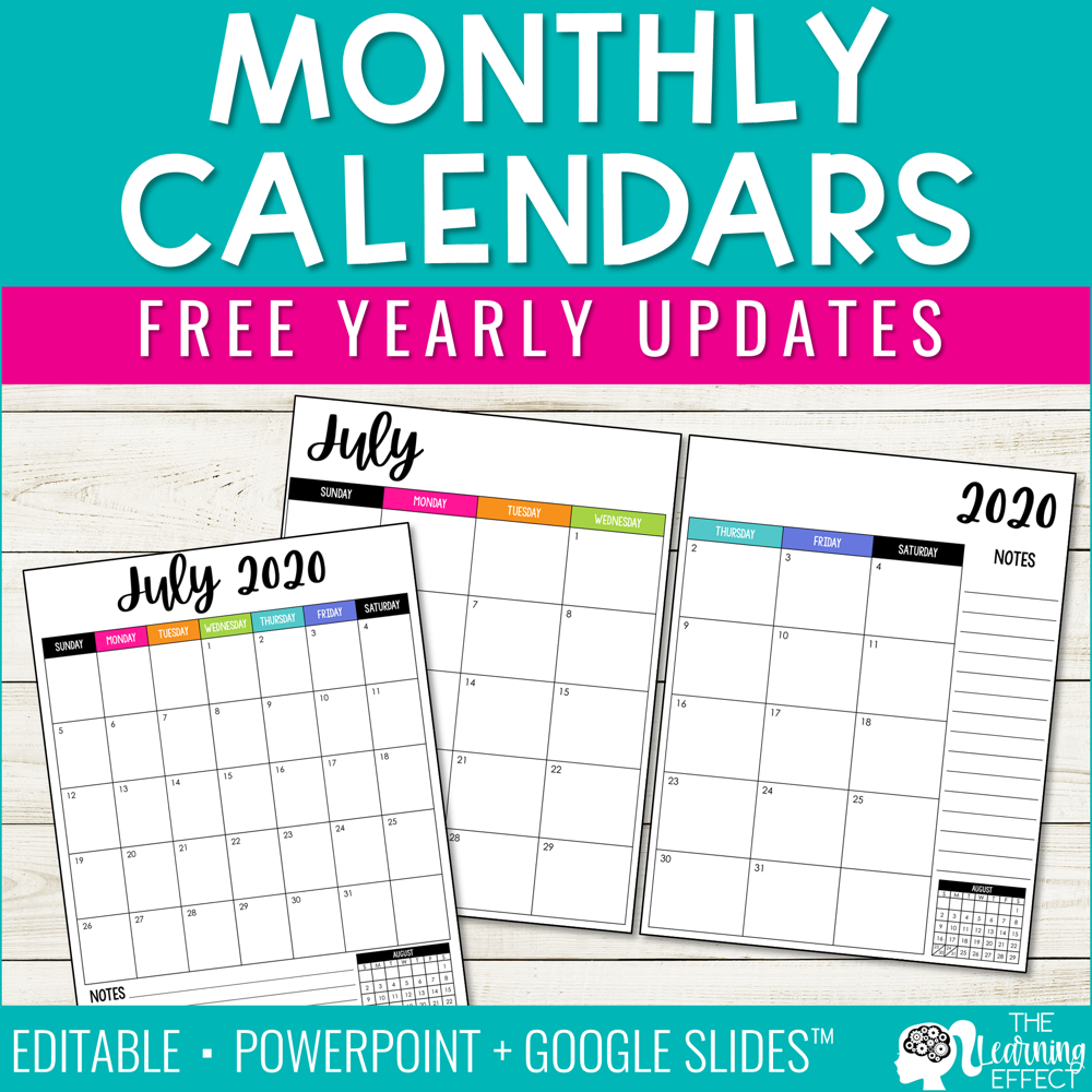 Editable Monthly Calendars 2020-2021 | Free Yearly Updates ...