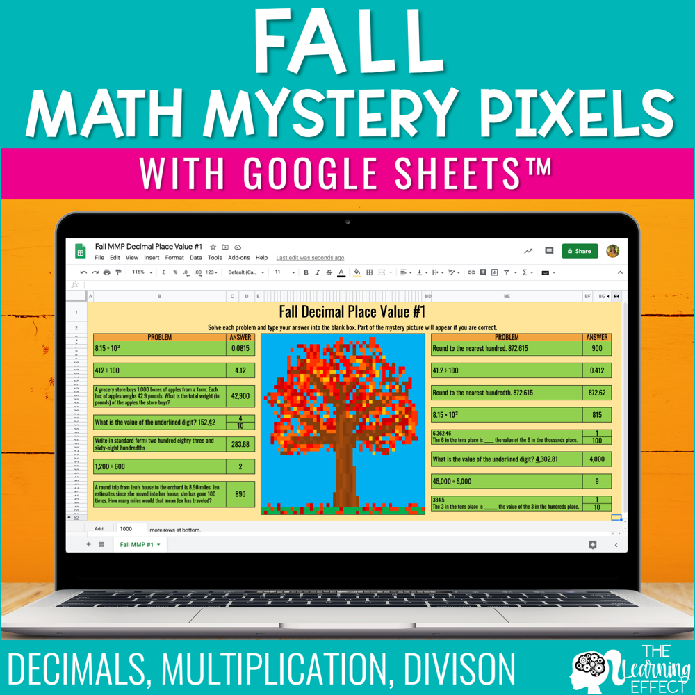 Fall Math Activities Digital Mystery Pixel Art Google Sheets