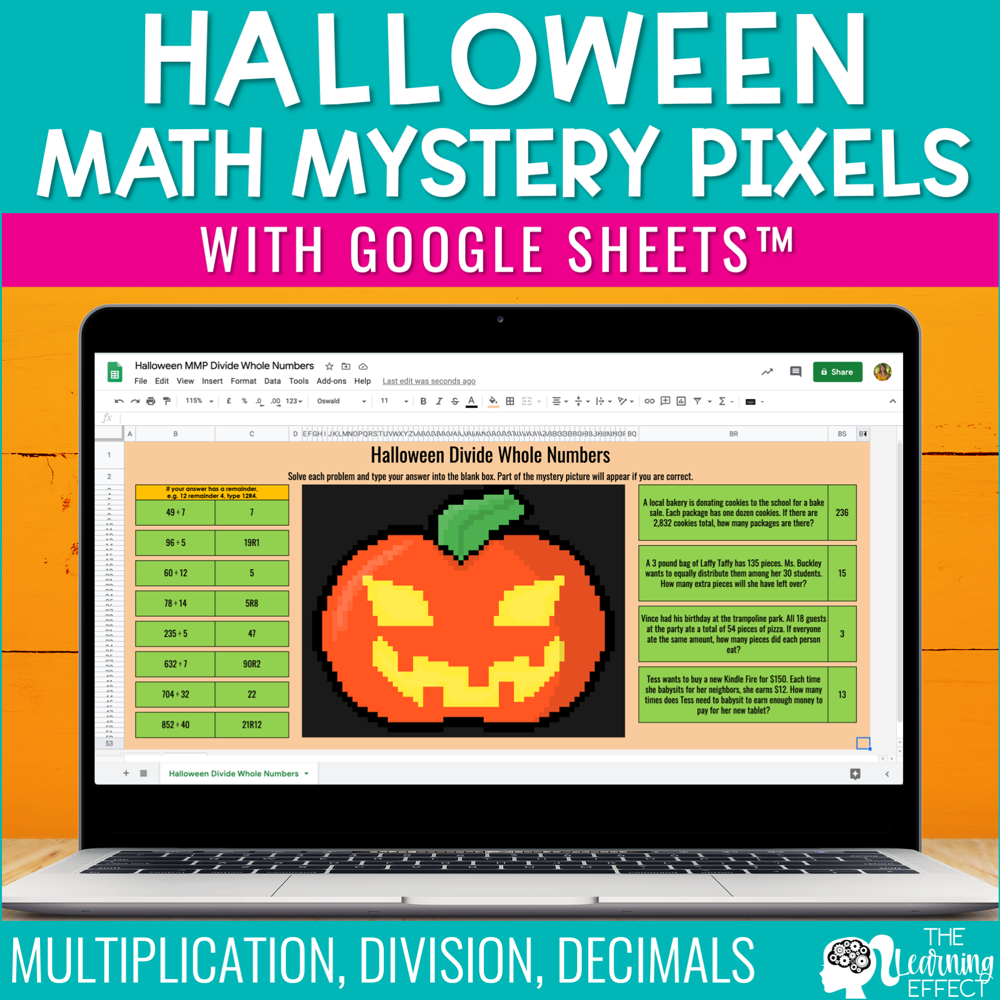 Halloween Math Activities Digital Mystery Pixel Art Google Sheets